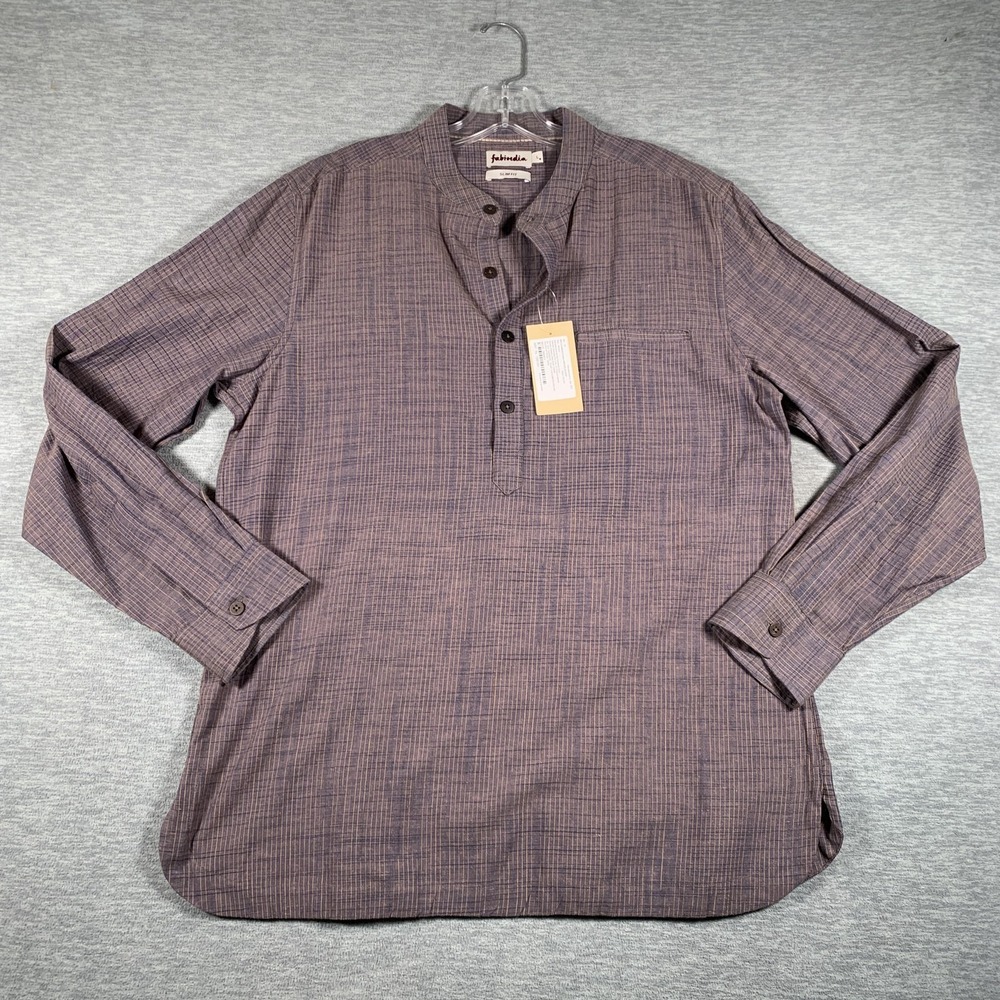 Fabindia Shirt Mens Large Blue Check Long Sleeve Band Collar Henley Slim Fit